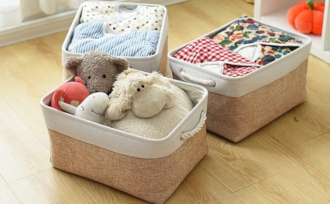 Fabric Storage Baskets - Rectangular Baskets for Organizing Fabric, Shelves & Decorative Use (White & Khaki)-Ruum Studio Home