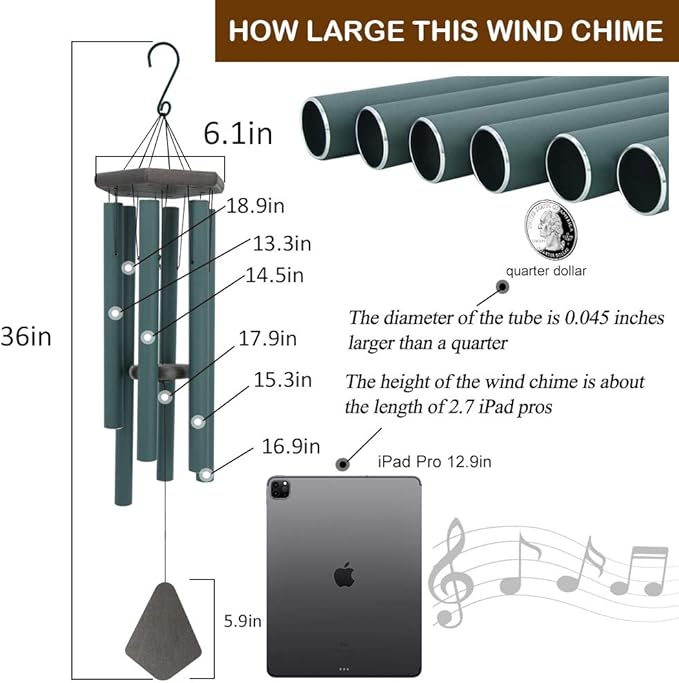 Sympathy Wind Chimes Outdoor Deep Tone,36Inch Melody Wind Chimes Large with 6 Heavy Tubes Tuned Bass Tone,Memorial Windchimes Personalized for Mother Father,Garden Decor Chime,Forest Green-Ruum Studio Home