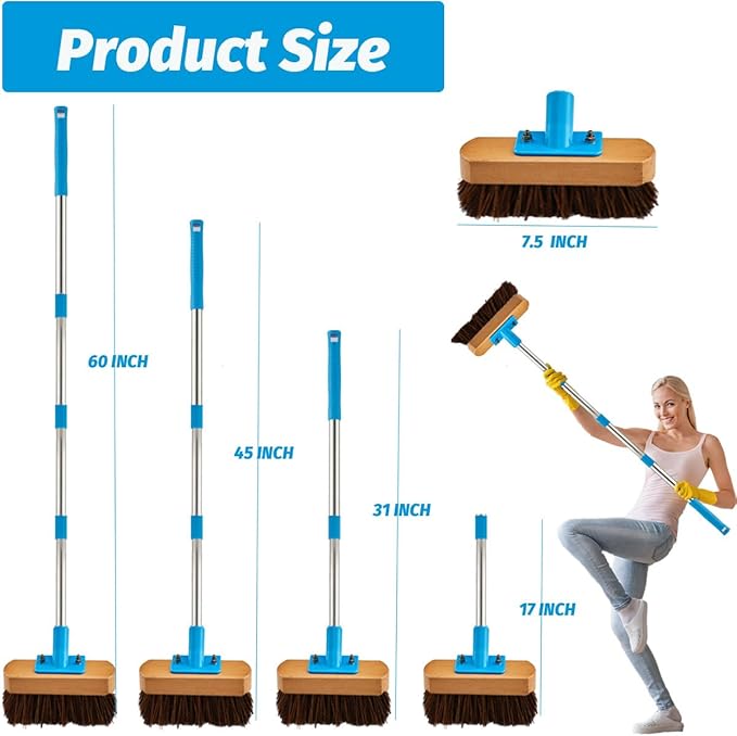 Heavy Duty Deck Brush with Long Handle - 60" Floor Scrub Brush with Stiff Natural Palmyra Bristles, Outdoor Scrubber Brushes for Cleaning Rough Surface, Concrete Floor, Patio, Garden, Sidewalk-Ruum Studio Home