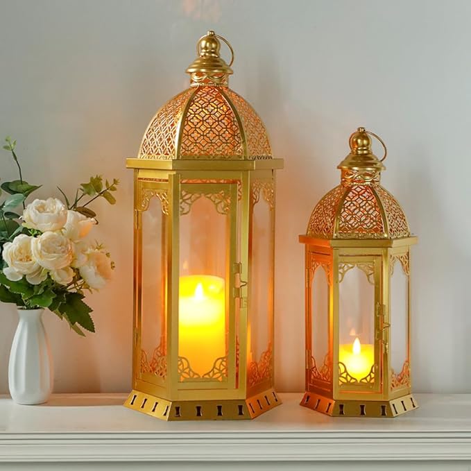 JHY DESIGN Set of 2 Outdoor Candle Lanterns 22"&17" H Decorative Vintage Metal Candle Holders for Garden Porch Indoor Outdoor Parties Weddings Patio Home Decor(Gold)-Ruum Studio Home