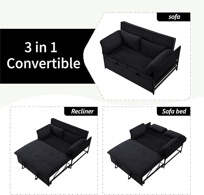 Pull Out Sofa Bed, 46” Futon Couch with Convertible Sleeper, Velvet Pull Out Couch with Adjustable Backrest, Small Sofa Bed with 2 Pillows for Living Room Office Guest Room, Black-Ruum Studio Home