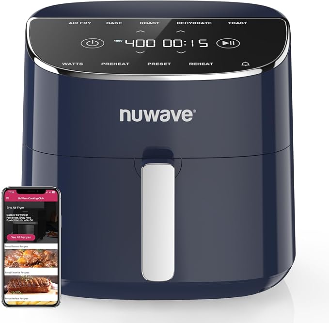 Nuwave Brio Plus Air Fryer 8 Qt, New & Improved, PFAS-FREE, 7 Digital One-Touch Cook Functions that AIR FRY, BAKE, ROAST, DEHYDRATE, TOAST, REHEAT, PREHEAT, 150 Presets, 50°F~400°F (Deep Blue)-Ruum Studio Home