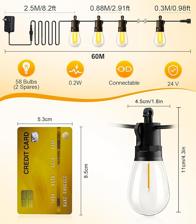 Outdoor String Lights Patio LED Light Outside - 60M IP65 Waterproof 58+2 S14 LED 200ft Porch Lighting-Ruum Studio Home