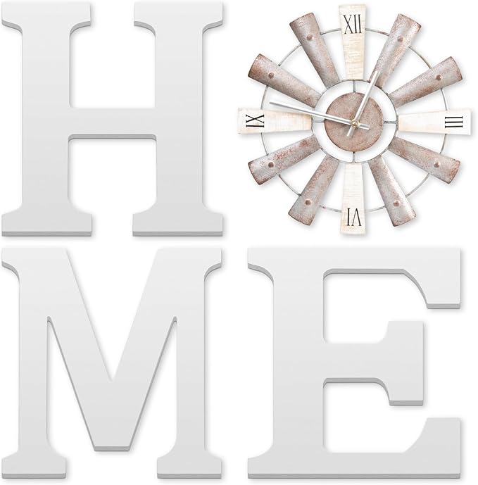 ZAZIWZ Farmhouse Home Signs with Windmill Clock Wall Decor Rustic Home Letters Wall Art for Living Room Kitchen Entryway Dining Room Bedroom (white)-Ruum Studio Home