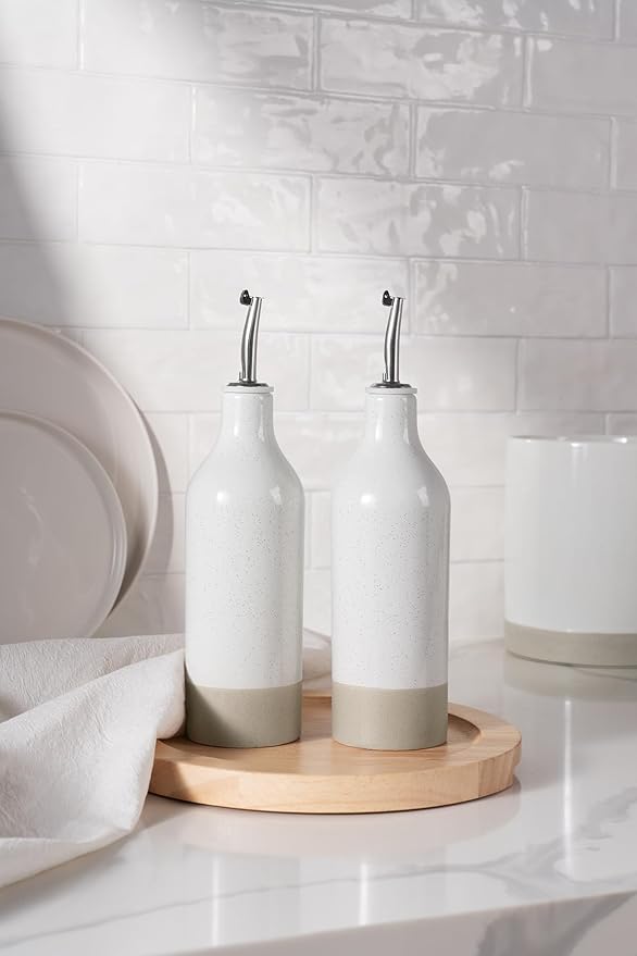 famiware Milkyway 16oz Ceramic Olive Oil Dispenser Bottle, Olive Oil and Vinegar Dispenser Bottle Set of 2 with Stainless Steel Pourers, Suitable for Storage Vinegar, Soy Sauce, Liquids, White-Ruum Studio Home