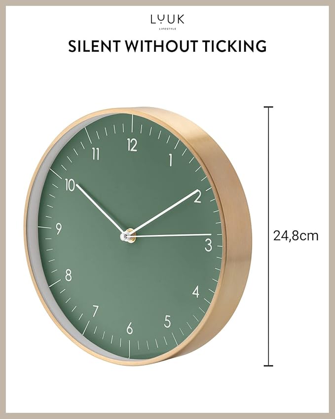 LUUK LIFESTYLE Wall Clock with Silent Movement, Without Ticking, Elegant and Functional Design, Housewarming Gift idea, Decorative, Dark Green and Gold-Ruum Studio Home