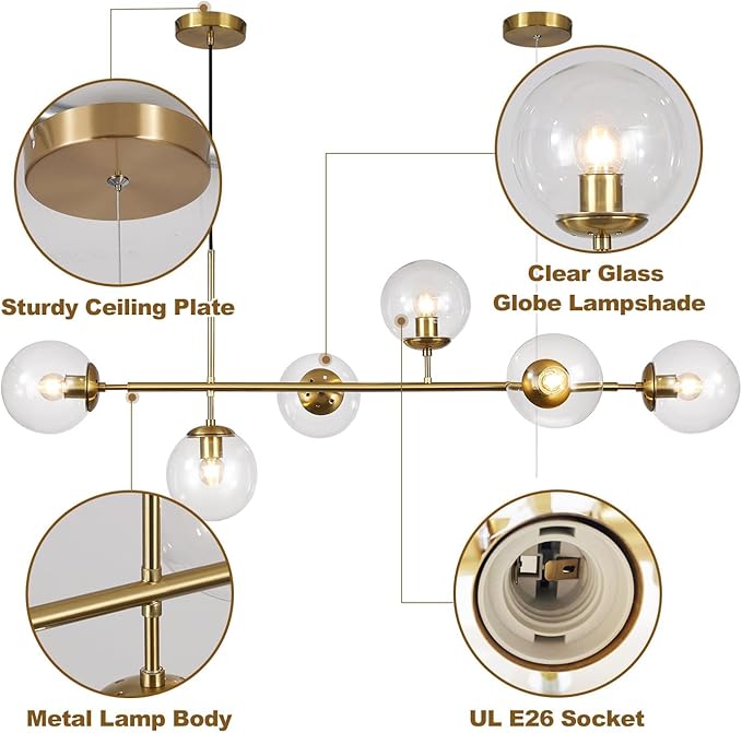 KCO Lighting 6 Light Bubble Chandelier Lighting Clear Glass Globe Chandelier Brass Gold Linear Pendant Light Mid Century Modern Pendant Light for Living Room Kitchen Island Dining Room-Ruum Studio Home