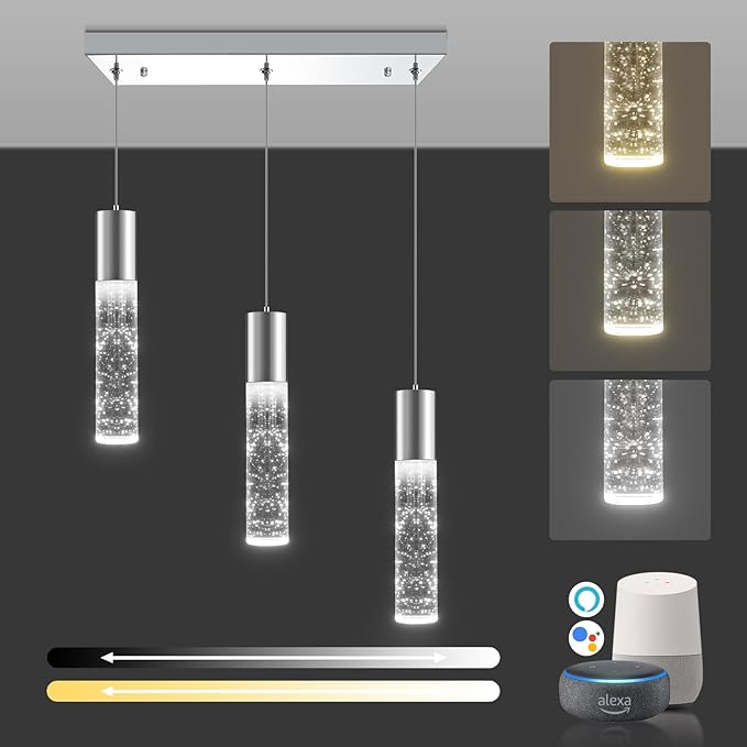 OKELI Smart 3-Light LED Pendant Lighting for Kitchen Island, 18W 1350LM Adjustable 3000K-6000K, Dimmable via TUYA App & Voice Control (Alexa/Google Home), Modern Crystal Bubble Pendant,Chrome Square-Ruum Studio Home