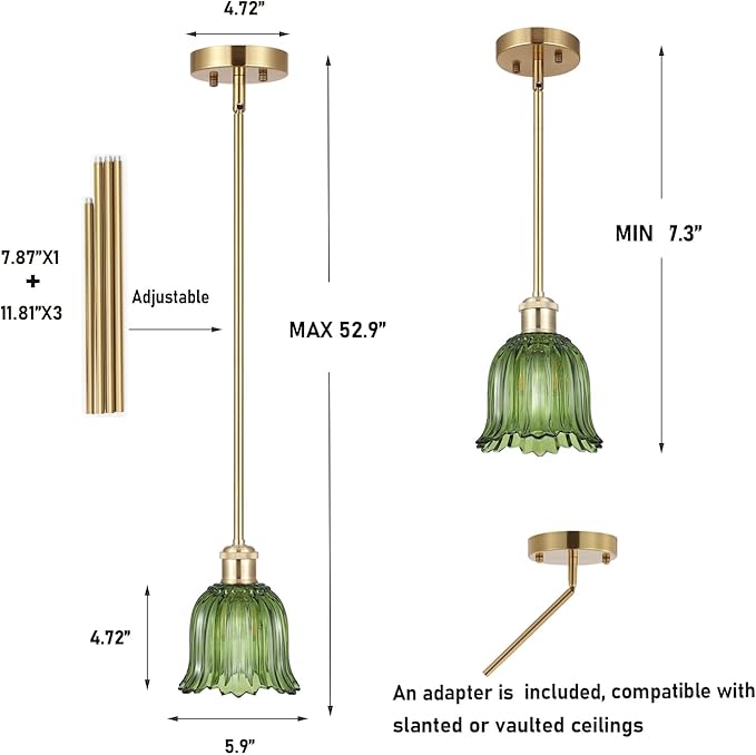 Modern Gold Pendant Light 3 Pack Brushed Brass Mid Century Chandelier Green Glass Shades Adjustable Rods Farmhouse Ceiling Hanging Lighting Fixture Kitchen Island Dining Room Bedroom-Ruum Studio Home