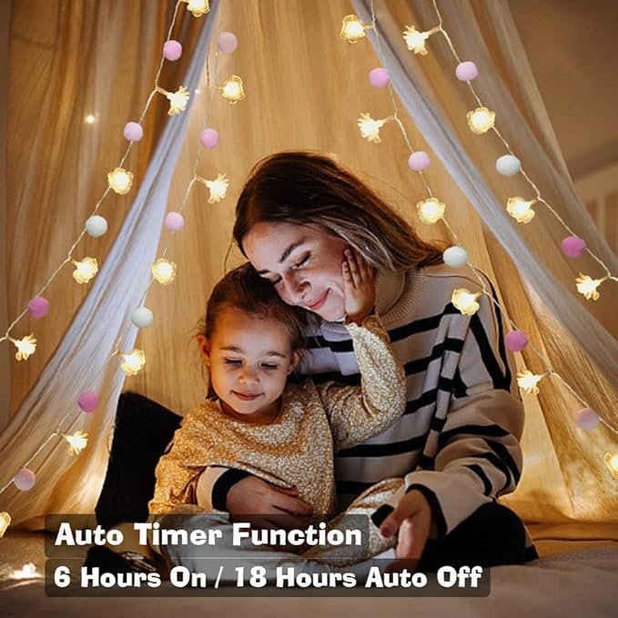 9.85Ft String Lights 20 Cute Pink Pompoms 20 LEDs Rose Fairy Lights Garland Battey Operated with Timer Flower Lights for Bedroom Kids Room Party Birthday Wedding Valentines Decorations-Ruum Studio Home