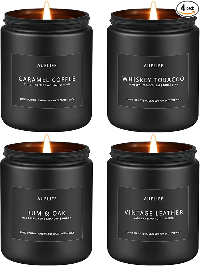 Scented Candles Set | Gifts for Men - 4Pack Candle Masculine Candle, Soy Candles for Home Scented, Aromatherapy Gifts Scents of Caramel Coffee/Whiskey Tobacco/Rum & Oak/Vintage Leather-Ruum Studio Home