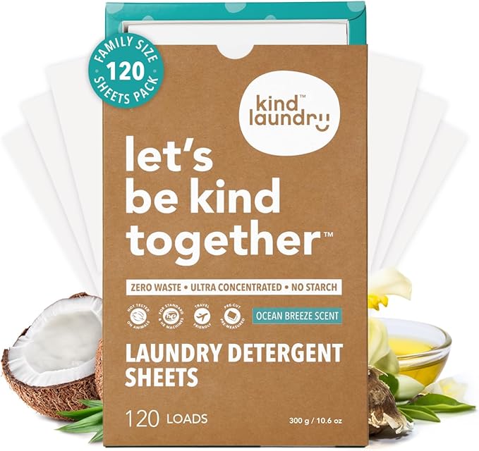 Kind Laundry Detergent Sheets with Stain-Fighting Enzymes - Plant Powered Eco-Friendly Laundry Soap Sheets - Home or Travel Laundry Detergent - Ocean Breeze, 120 Loads (Mom's Choice Award Winner)-Ruum Studio Home