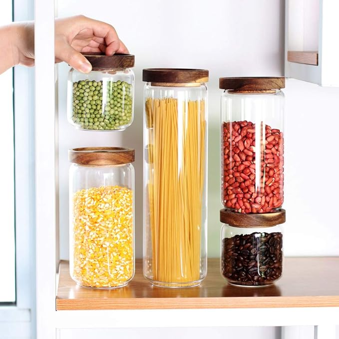 Glass Canisters Set of 5 for the kitchen, Glass Storage Container jars with Airtight Acacia Lid for Coffee Beans, Flour, Sugar, Rice and Spaghetti and etc-Ruum Studio Home