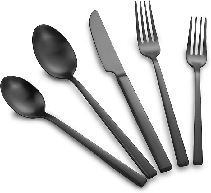 Stainless Steel Flatware Set Hand Forged 18/10 Silverware Set Matte Black Cutlery Set with Cuboid Handle Matte Finished 40 Pieces Home Event Use Wedding Housewarming Gift Service for 8-Ruum Studio Home