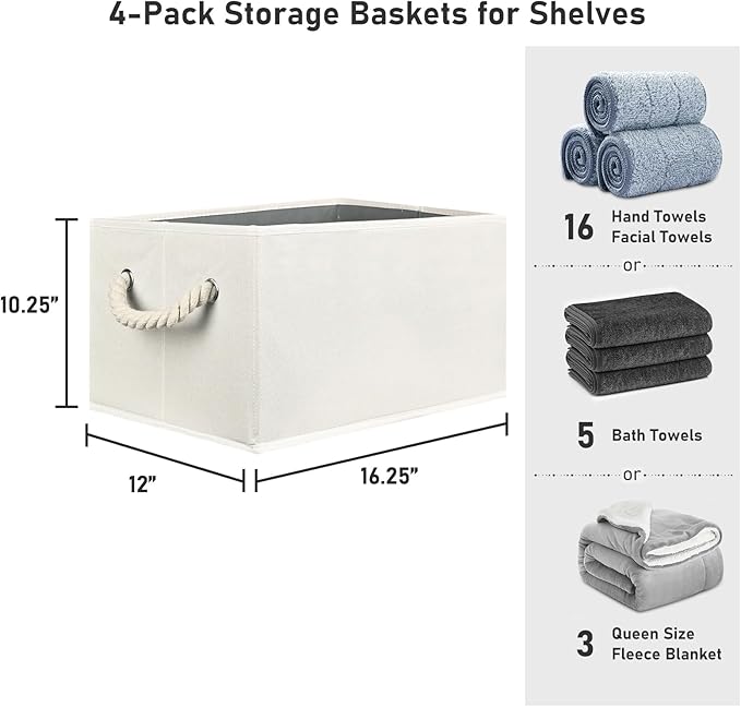 Closet Storage Bins, Linen Closet Organizers and Storage Basket for Shelves, Collapsible Shelf Baskets for Organizing Shelves, Bedroom Clothes Basket, Beige, 3 Pack-Ruum Studio Home