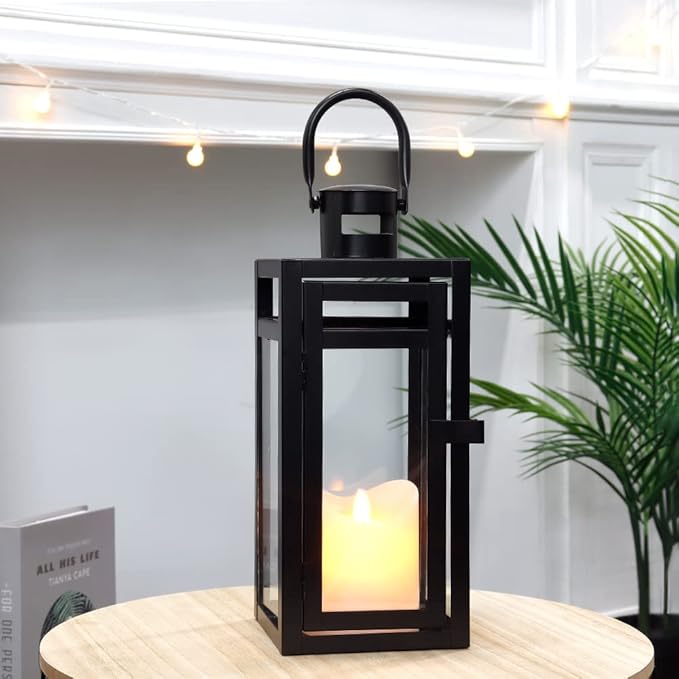 TRIROCKS Metal Candle Lantern 12'' High Decorative Outdoor Lantern Hanging Lantern with Tempered Glass for Christmas Home Decor Living Room Parties Events Tabletop Indoors Outdoors (Black Matte)-Ruum Studio Home