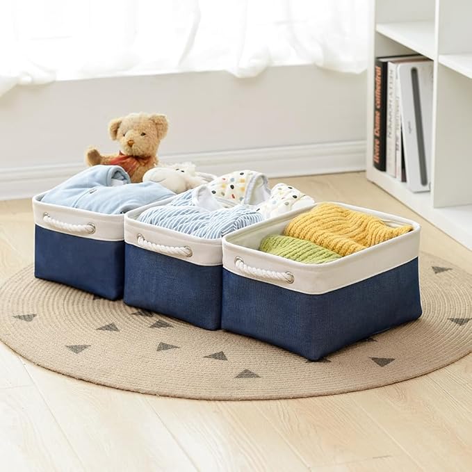 TheWarmHome Storage Bins for Shelves - 1 Pack 13.8x9.7x6.7 inch Collapsible Storage Basket for Organizing, Dog Toy Bin for Closet Organizer laundry Cloth Nursery (White & Jean Blue)-Ruum Studio Home