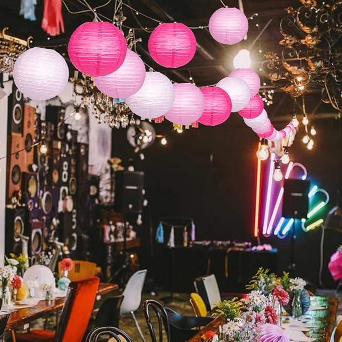 Paper Lanterns Decorative, Pink Hanging Round Chinese Lanterns with Lights for Engagement Bachelorette Birthday Party 12 LED Light Pack of 12-Ruum Studio Home