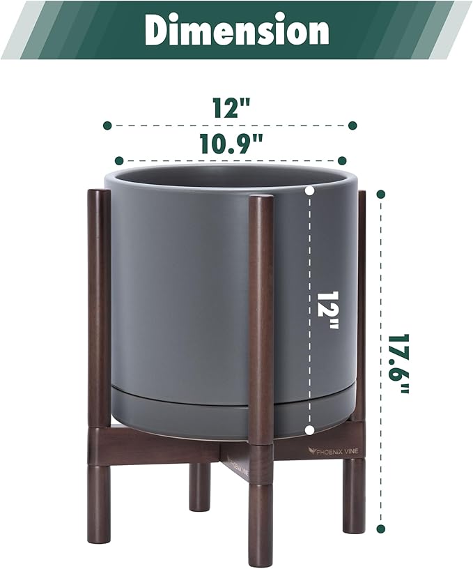 D'vine Dev Ceramic Planter with Walnut Color Stand - 12 Inch Modern Round Flower Pot with Wood Planter Holder, Grey, 55-B-W-3-Ruum Studio Home