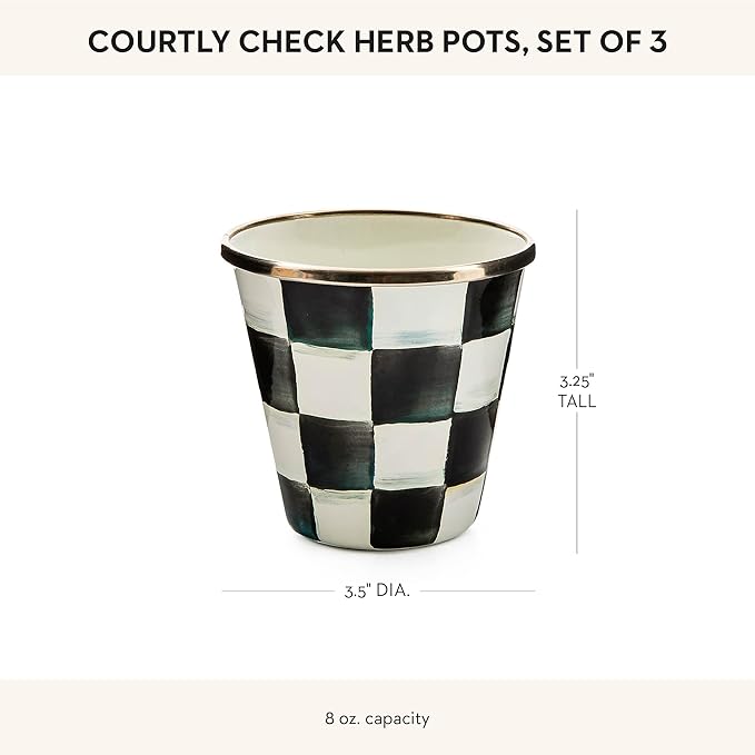 MACKENZIE-CHILDS Enamel Herb Pots, Small Plant Pots for Herbs or Flowers, Set of 3, Black-and-White Courtly Check-Ruum Studio Home
