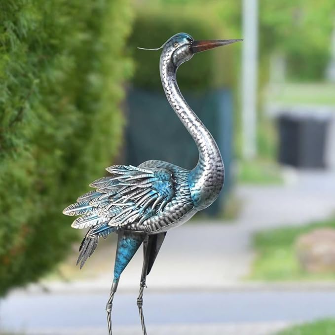 Crane Outdoor Decor Statue, Blue Heron Garden Statue Metal Yard Art Outdoor Decoy, Garden Sculptures & Statues for Yard/Lawn/Pond/Outdoor Decoration, 1Pc-Ruum Studio Home
