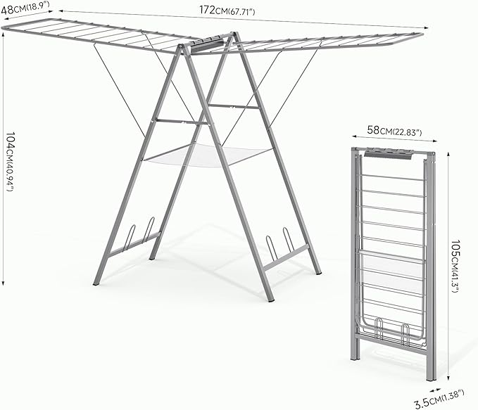 APEXCHASER Clothes Drying Rack Foldable, Metal Laundry Drying Rack Collapsible, Portable Compact Clothes Rack for Sweater Baby Clothes Towel Indoor & Outdoor, Height Adjustable Clothes Airer, Grey-Ruum Studio Home