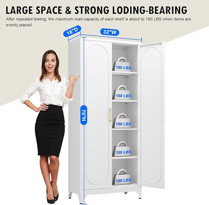 Metal Storage Cabinet with Doors and Shelves, 75 Inch Tall Kitchen Pantry Cabinet, Pantry Cabinets for Kitchen Storage, Freestanding Cupboard for Living, Dining Room, White, Assembly Required-Ruum Studio Home