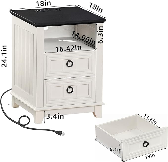 18" Farmhouse Night Stands Set of 2 with Charging Station, 2 Drawers End Table Dresser for Bedroom， Wooden Nightstand, Bed Side Table with Open Shelf, Bedside Cabinet for Living Room（White）-Ruum Studio Home