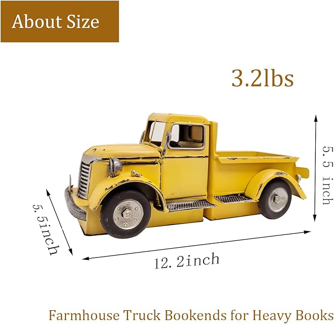 Decorative Book Ends Vintage Bookends: Metal Truck Book Stopper for Kid Books for Grandson Men Teen - Farmhouse Decor for Bookcase Shelf Table Coffee Bar Office Home Yellow-Ruum Studio Home