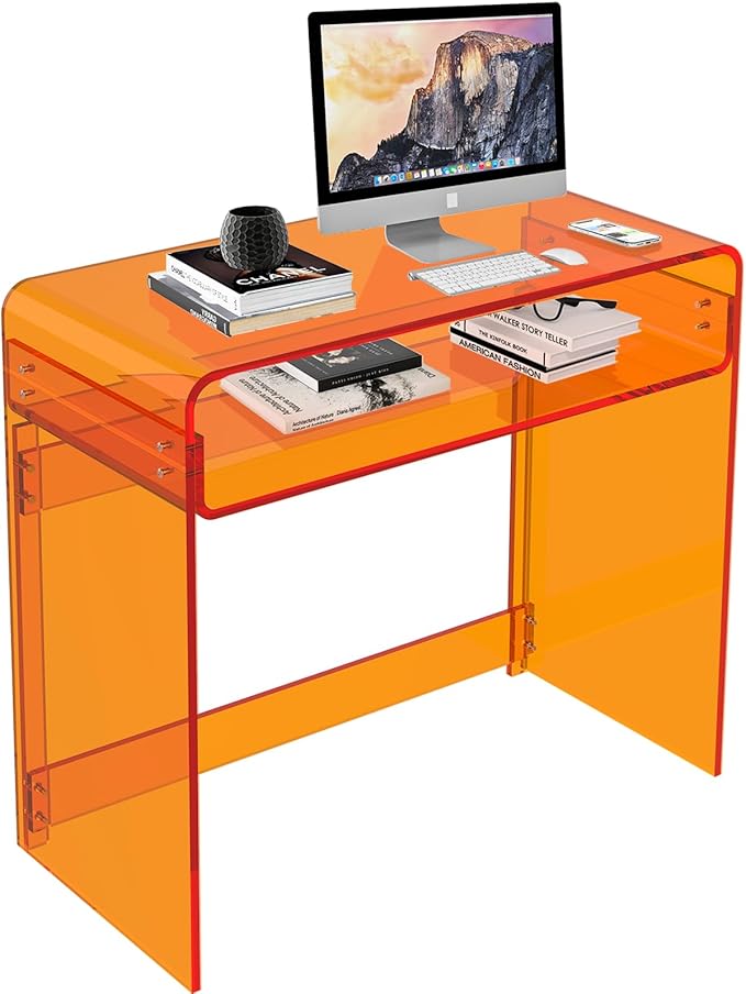 Acrylic Desk, Orange Table, Acrylic Console Table for Office, Study, Bedroom, Entrance Decor (15.5" D x 33.5" W x 29.3" H, Orange)-Ruum Studio Home