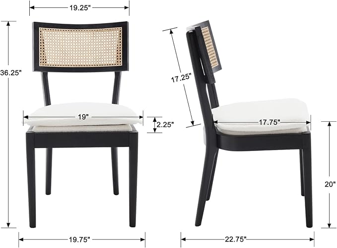 Rattan Dining Chairs Set Of 4 , Mid Century Modern Black Wooden Cane Back Chairs with Removable Sherpa Cushion , Retro Farmhouse Upholstered Kitchen & Dining Room Chairs for Restaurant Living Room-Ruum Studio Home