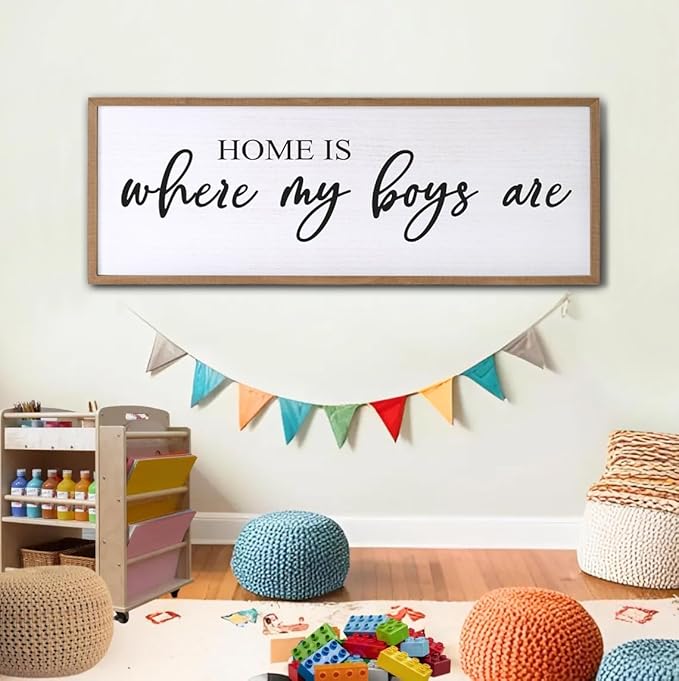 Home is Where My Boys are Sign Framed Wall Art, 32''×12'' Rustic Horizontal My Son Plaque with Natural Frame for Baby Kid Boy Son Teen Toddlers Room, Horizontal Mom of Boys Gifts Nursery Decor-Ruum Studio Home