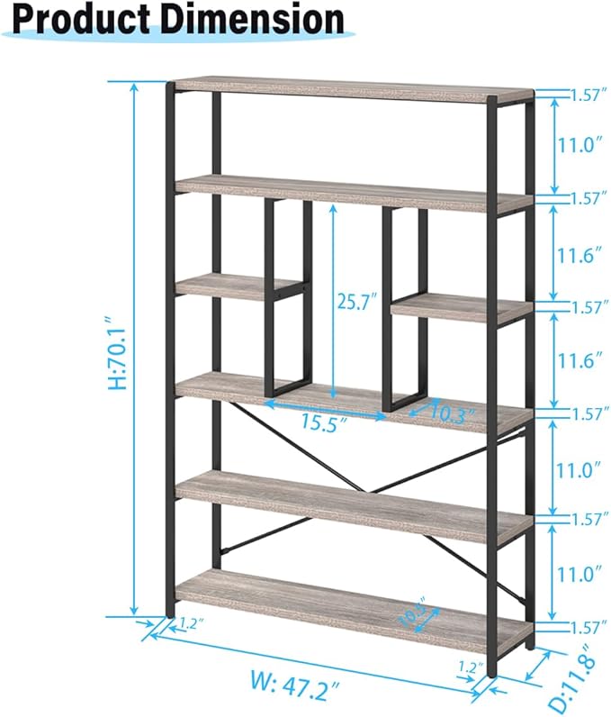 LVB Industrial 6 Tier Bookshelf, Large Tall Open Rustic Vintage Etagere Bookcase, Gray Big Wide Modern Farmhouse Wood and Metal Book Shelf for Home Bedroom Living Room Office Storage, Light Grey Oak-Ruum Studio Home