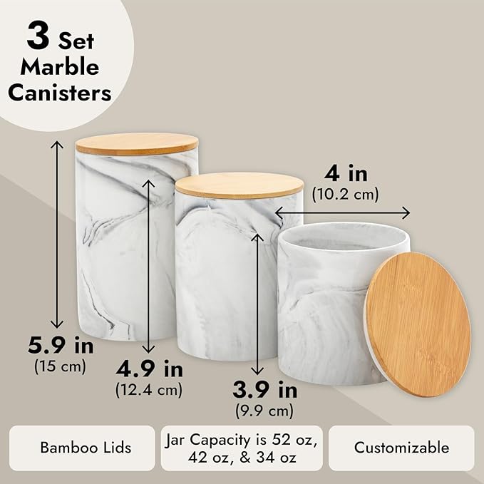Farmlyn Creek Sugar & Coffee Container Set 3-Piece - White Marble Finish Ceramic Jar Set - Airtight Wood Lids - Ceramic Containers with Lids for Countertop Storage (5.9"/4.9"/3.9)-Ruum Studio Home