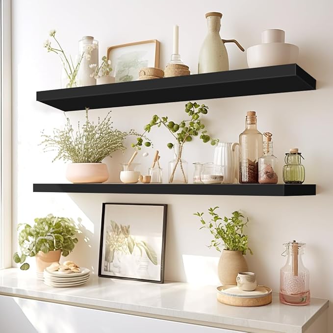 LaVie Home Floating Shelves, 36 Inch Wall Shelf Set of 2, Hanging Shelf with Invisible Brackets, Wall Decor for Bathroom, Bedroom, Living Room, Kitchen Storage, Classic Black-Ruum Studio Home