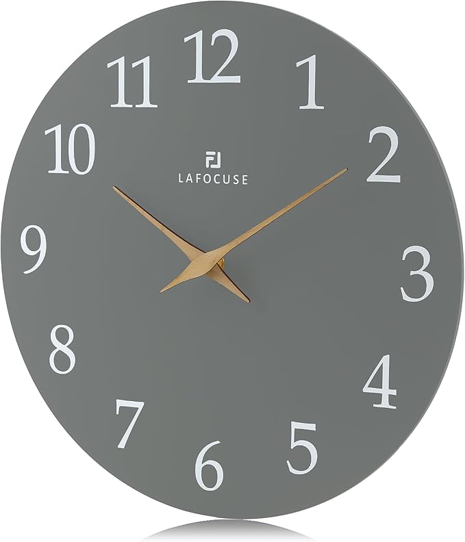Lafocuse 12 Inch Silent Grey Wall Clock Battery Operated for Living Room Decor, Simple Minimalist Wooden Wall Clock for Kitchen Bedroom Office-Ruum Studio Home