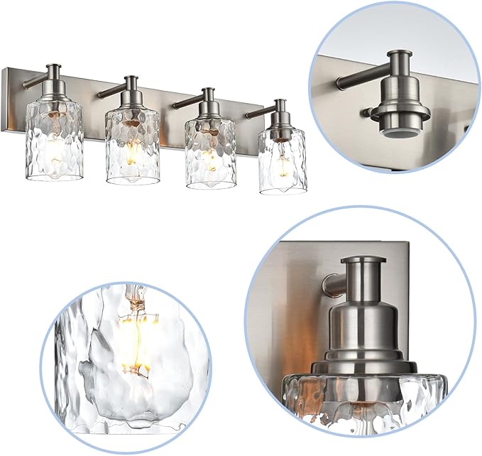 BONLICHT 4-Light Bathroom Vanity Light Fixture Brushed Nickel Industrial Wall Sconce Lighting with Hammered Glass Shade for Living Room Bedroom Hallway Porch Workshop Dressing Table-Ruum Studio Home