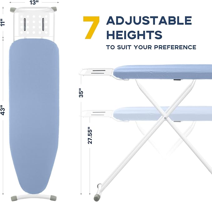 Full Size Ironing Board with Iron Rest, Heavy Duty Compact Ironing Board 43"x13" with Thick Cover and Pad, Height Adjustable Sturdy Iron Stand, Blue-Ruum Studio Home