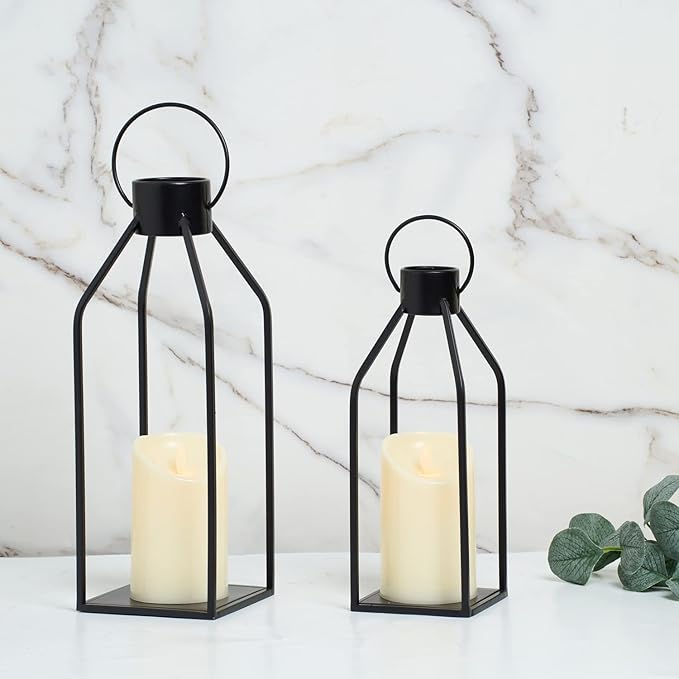 HPC Decor Modern Farmhouse Lanterrn Decor- Black Metal Candle for Summer Night- Lanterns w/Timer Flickering Candles for Living Room,Home,Indoor, Outdoor,Table,Fireplace Mantle Décor-Ruum Studio Home