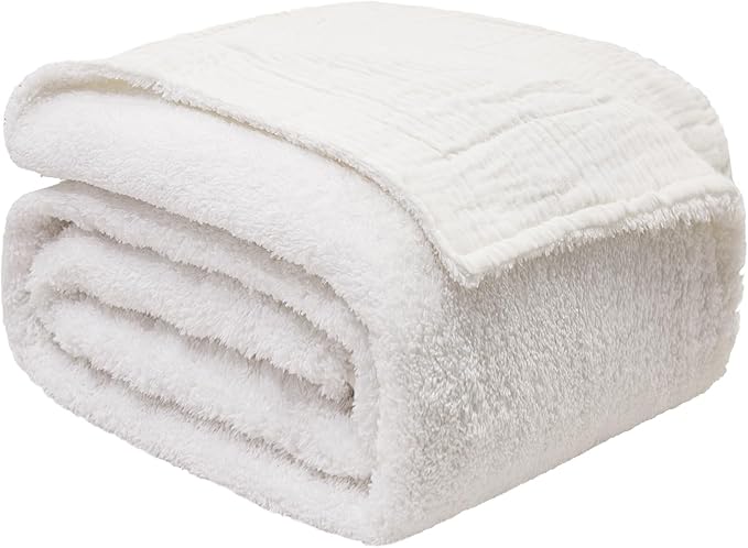 EMME White Throw Blanket Muslin and Fleece Blanket for Women Reversible - 50"*60" Soft & Cozy Warm Lightweight Small Blankets for Couch Bed Picnic Travel Bed-Ruum Studio Home