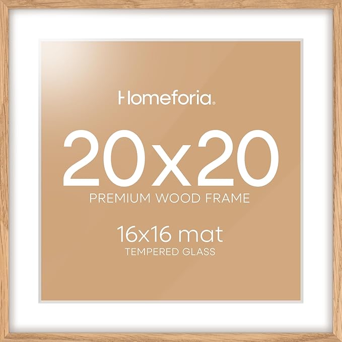 Homeforia 20x20 Wood Picture Frame, High End Natural Oak 20 x 20 Square Light Wooden Frames with Mat 16 by 16 inch Photo, 20by20 Poster Frames Matted to 16x16 Print, Tempered Glass, Wall Kit, Set of 1-Ruum Studio Home