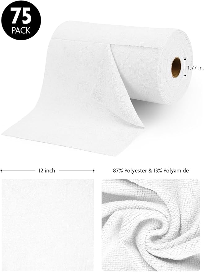 Fantasticlean Microfiber Cleaning Cloth Roll -75 Pack, Tear Away Microfiber Towels, 12" x 12", Reusable, Washable, Scratch Free, Ultra Absorbent Dish Rags for Car, Home, Garage or Shop (White)-Ruum Studio Home