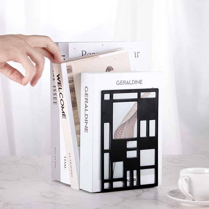 Book Ends, Bookends, Book Ends for Shelves, Bookends for Heavy Books, Book Divider Decorative Holder, Metal Heavy Duty Bookend Black 3 Pair, Abstract Art Desgin Book Stopper Supports for Office, Home-Ruum Studio Home