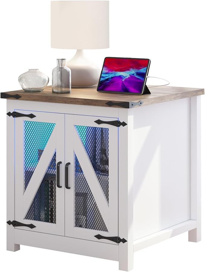 Farmhouse End Table, 24" Large Sofa Side Table with Charging Station, Mesh Barn Door, and Adjustable Storage Shelf, Rustic Wood Square Nightstand for Living Room, Bedroom, Office, White &Brown-Ruum Studio Home