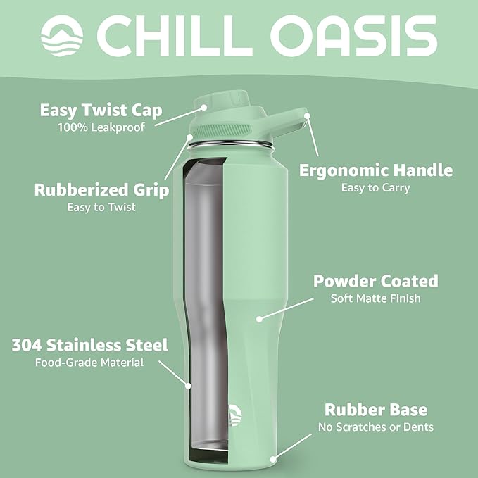 Chill Oasis Water Bottle | Compatible With Popular Flavor Cartridges | BPA Free, Leak Proof, Double-Walled Vacuum Insulated Stainless Steel, and Dishwasher Safe | Cold for 24 Hours (Sage, 32oz)-Ruum Studio Home