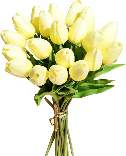 Mandy's Artificial Tulips 20 Stems Light Yellow PU Faux Flowers for Wedding Home Decor 13.5 Inch-Ruum Studio Home