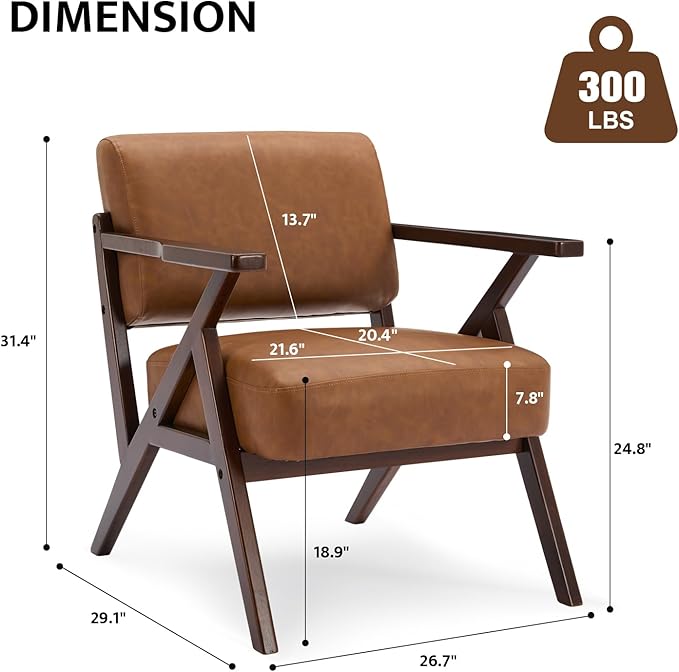 Mid-Century Modern Lounge Armchair - Genuine Brown Leather with Solid Wood X-Base Frame, Seat Cushion - for Living Room, Study, Balcony Retro Design, Brown Leather-Ruum Studio Home