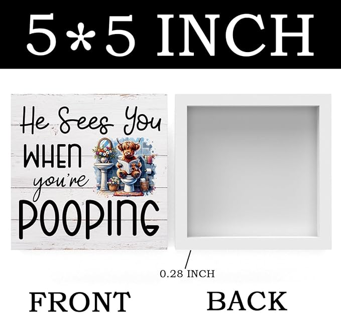 Funny Highland Cow Decor Memorial Day Fourth of July Independence Day Decorations Red White and Blue Decor, Rustic Farmhouse Home Office Wooden Box Sign for Bathroom - He Sees You When You're Pooping-Ruum Studio Home