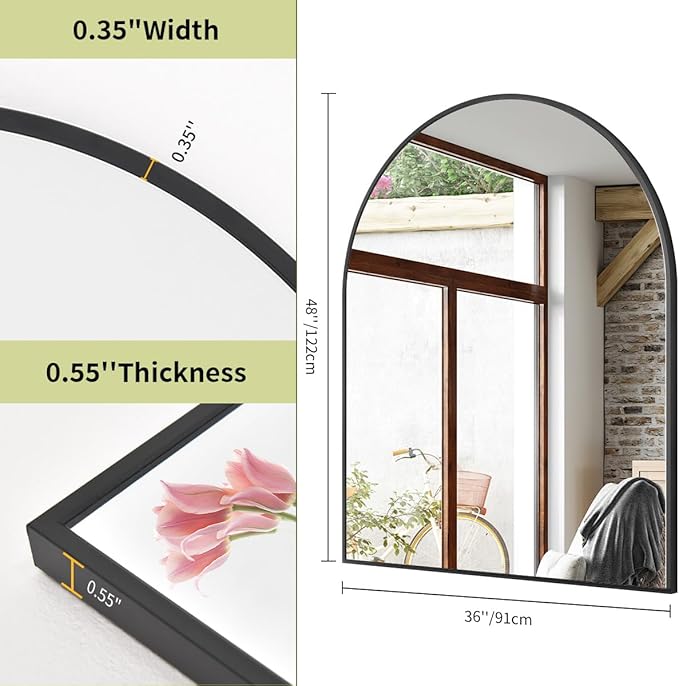 BEAUTYPEAK 36"x48" Arch Bathroom Mirror, Wall Mounted Vanity Metal Frame Mirror for Bedroom, Entryway, Living Room, Black-Ruum Studio Home