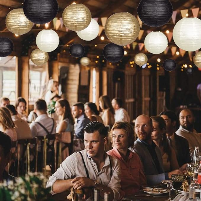 Paper Lanterns Decorative, Black Gold Hanging Round Chinese Lanterns with Lights for Graduation Anniversary Birthday Party 12 LED Light Pack of 12-Ruum Studio Home